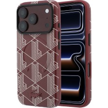 iPhone 18 Pro Max Kılıf Lacoste Lisanslı M-Safe Metal Logolu Deri Karışık Monogram Desen Kapak Bordo