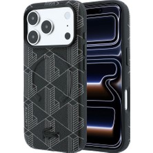 iPhone 18 Pro Kılıf Lacoste Lisanslı M-Safe Metal Logolu Deri Karışık Monogram Desenli Kapak Siyah