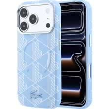 iPhone 18 Pro Max Kılıf Lacoste Lisanslı M-Safe Metal Logolu Deri Karışık Monogram Kapak Açık Mavi