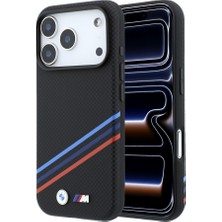 iPhone 18 Pro Max Kılıf Bmw Lisanslı M-Safeli Şeritli Metal M Logolu Karbon Fiber Kevlar Kapak Siyah