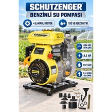 SCHUTZENGER 4 Zamanlı Benzinli Su Pompası 2.5 Hq 1.5 Inç Çıkış 100MT Yatay Atar Tarla Bahçe Sulama 5 mt Emiş Sarı 7040