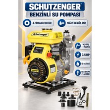 SCHUTZENGER 4 Zamanlı Benzinli Su Pompası 3.5 Hq 1 Inç Çıkış 100MT Yatay Atar Tarla Bahçe Sulama 5 mt Emiş Sarı 7020