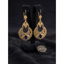 Roza Silver 925 Ayar Gümüş Geleneksel Telkari Işlemeli Gold Safir Taşlı Sallantılı Küpe