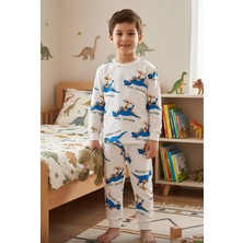 Bunny Hopp Erkek Çocuk Dinozor Desenli Pijama Takımı %100 Pamuk Beyaz Uzun Kollu Ev Giyimi