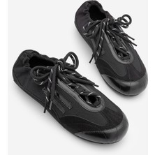 Marjin Kadın Süet Dokulu Çok Parçalı Mary Jane Büzgü Detaylı Bağcıklı Retro Günlük Babet Sneaker Varemi Siyah Süet