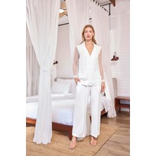 Nightlove Monamise Dantelli ve Tüllü Uzun Kollu Önü Düğmeli Saten Pijama Takımı