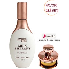 Softto Plus Mılk Therapy Oıl 120 ml – Vitamin E ve Bitkisel Özlerle Cilt & Saç Bakım Yağı & Bronzy Glow Yuvarlak Fondöten Fırçası NASBRUSH0247