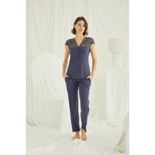 Nightlove Monamise  Kadın Lacivert  Kısa Kollu Dantelli Pijama Takımı