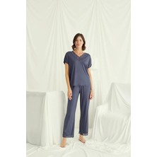 Nightlove Monamise  Kadın Lacivert  Kısa Kollu Dantelli Pijama Takımı