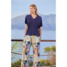 Nightlove Monamise Çiçek ve Yaprak Desenli Kısa Kollu V Yaka Pijama Takımı