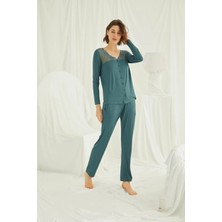Nightlove Monamise  Kadın Yakası ve Omzu Dantelli Önü Düğmeli Uzun Kollu  Pijama Takımı