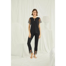 Nightlove Monamise  Yakası Detaylı Brode Dantelli Pijama Takımı