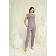 Nightlove Monamise  Kadın Gri  Kısa Kollu Dantelli Pijama Takımı