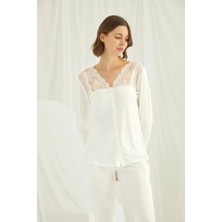 Nightlove Monamise  Kadın Beyaz Dantelli Pijama Takımı