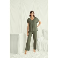 Nightlove Monamise  Kadın Haki  Kısa Kollu Dantelli Pijama Takımı