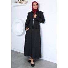 Julude Zamansız Stil Bel Lastikli Etek Ön Fermuarlı Ceket Tesettür Ikili Takım P-00023037