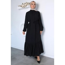 Julude Bilek Lastikli Bel Bağlamalı Desenli Tesettür Elbise P-00022937