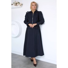 Julude Zamansız Stil Bel Lastikli Etek Ön Fermuarlı Ceket Tesettür Ikili Takım P-00023037