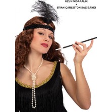 1920'LER Gatsby Aksesuar Seti – Siyah Charleston Saç Bandı &amp; Sigaralık Nemere