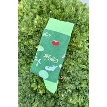 Lou Socks Unisex Sağlı Sollu Bisiklet ve Dünya Haritası Desenli Yeşil Soket Çorap
