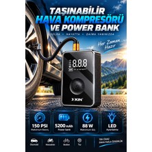Merwish Xkın Taşınabilir Hava Kompresörü 150 Psı Dijital Lastik Şişirme Pompası 5200 Mah Powerbank LED Işıklı