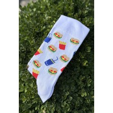 Lou Socks Unisex Fast Food Desenli Beyaz Soket Çorap