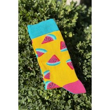 Lou Socks Unisex Sağlı Sollu Karpuz Desenli Sarı Turkuaz Soket Çorap
