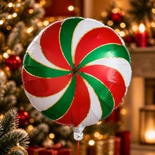 Pandoli Kırmızı Yeşil Beyaz Renk Yılbaşı Şekeri Şekilli  Swırl Girdap Folyo Balon 45X45 cm 1 Adet