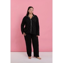 Veralya Kadın Büyük Beden Siyah Kırmızı Çiçekli Düğmeli Pijama Takımı