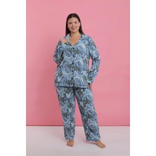 Veralya Kadın Büyük Beden Mavi Tropikal Desenli Düğmeli Pijama Takımı