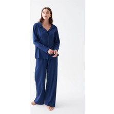 Veralya Kadın Lacivert Düğmeli Yaka Detaylı Pamuklu Pijama Takımı