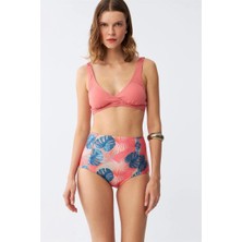 Veralya Kadın Somon Pedli Üst ve Tropik Desenli Yüksek Bel Bikini Takımı