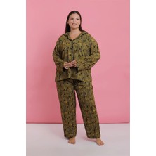 Veralya Kadın Büyük Beden Tropikal Yaprak Desenli Düğmeli Pijama Takımı