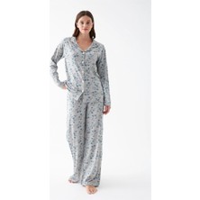 Veralya Kadın Gri Desenli Düğmeli Pamuklu Pijama Takımı