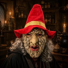 Pandoli Kırmızı Şapkalı Arkadan Saçlı Kafadan Geçmeli Baba Yaga Lateks Cadı Maskesi