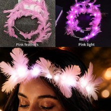 Pandoli Halloween Beyaz Renk LED Işıklı Pembe Renk Tüylü Melek Halo Tacı Hare Taç 18X18 cm 1 Adet