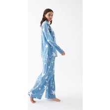 Veralya Kadın Mavi Yıldız Desenli Düğmeli Pamuklu Pijama Takımı