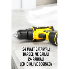 Trendexa Çift Bataryalı Metal Dişli Darbeli Şarjlı Matkap Seti 24W Güç ve 24 Parça Aksesuar