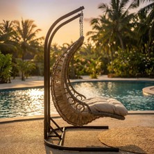 Huteras Bodrum Çiftli Rattan 2 Kişilik Bahçe Salıncağı Yan Gövdeli Minderli Açık Kahve