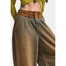 It's Basic Kadın Kahve Kot 2W6-85 Palazzo Fit Kemer Detaylı Özel Tasarım Denim Jean
