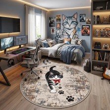 Pati Dostu Kedi Desenli Dijital Baskı Pamuk Dokuma Kaymaz Taban Salon Halısı ve Çocuk-Genç Odası