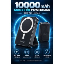Eima P21 10000 Mah 22.5W Qc 3.0 Hızlı Şarjlı Magsafe Uyumlu Manyetik Kablosuz Powerbank Standlı LED Ekranlı – Siyah