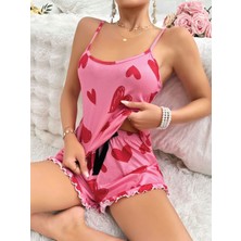 Bezos Kadın Pembe Kalp Baskılı Şortlu Gecelik Pijama Takımı 5050