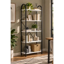 Sulorahome Beyaz Metal Iskeletli 5 Raflı Kitaplık ve Dekoratif Raf Ünitesi