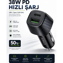 Ventoze 38W Hızlı Araç Şarj Cihazı Çakmaklık Girişli Pd Type-C ve Qc USB Çift Portlu Şarj Aleti Siyah