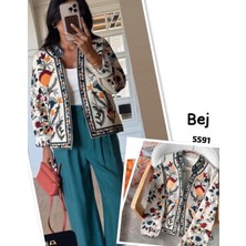 Moda Rüyası Kadın Ekru Nakışlı Ceket Çiçek Işlemeli V Yaka Uzun Kollu Şık Ceket