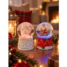 Biton Toptan 2'li Set Işıklı Kar Küresi 6,5 cm Yılbaşı Dekoratif Kar Küresi Noel Baba ve Melek Figürlü