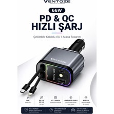 Ventoze 66W Hızlı Araç Şarj Cihazı Makaralı Çekilebilir Kablolu Pd Qc 4 Portlu 180 Derece Döner Başlıklı Çok Renkli