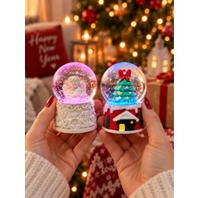 Biton Toptan 2'li Set Işıklı Mini Kar Küresi 6,5 cm Yılbaşı Çam Ağacı ve Melek Temalı Kar Küresi