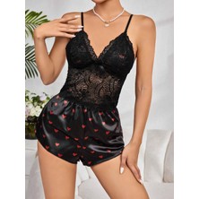 Bezos Kadın Siyah Kırmızı Kalp Desenli Saten Şort Pijama Takımı 2232